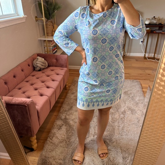 Cabana Life Blue & Green Tile Print 3/4 Sleeve Dress - Women's Medium - Picture 1 of 6
